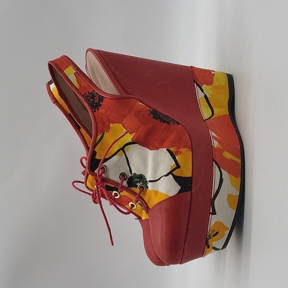 1053- Stuart Weitzman Red Floral Lace-Up Platform Wedge Heels Size 9 - Picture 6 of 17